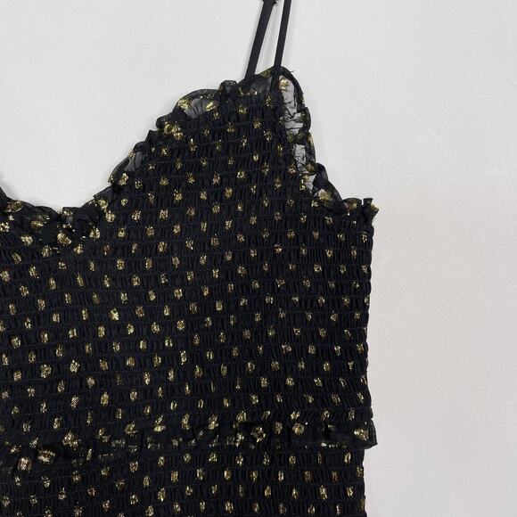 Likely Size 10 Black Gold Zephra Metallic Dot Print Ruffle Mini Dress Cocktail - Picture 5 of 12
